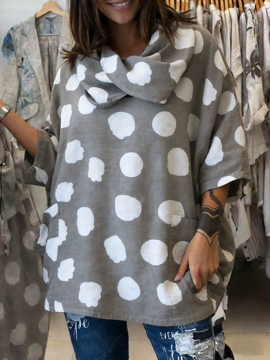 Women's Polka Dot Print Swing Collar 3/4 Sleeve Casual Loose Cotton And Linen Top