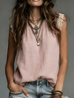 Women's Retro Round Neck Lace-paneled Sleeveless Loose-fit Solid-color Linen Shirt