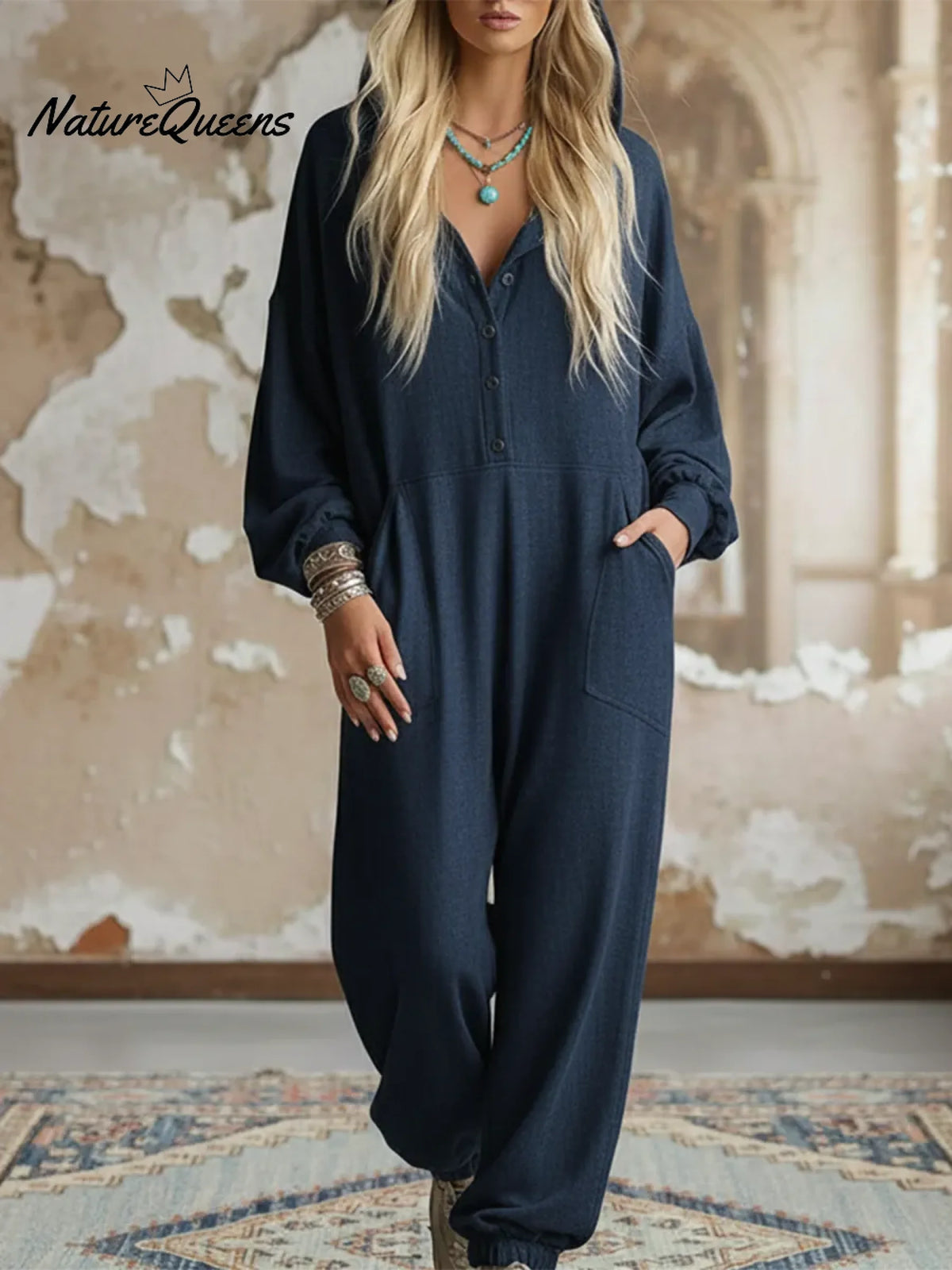 Casual Cozy Loose Hooded Button-up Cotton Jumpsuit