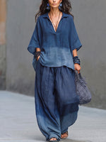 Casual & Cozy Gradient Indigo Cotton Two-piece Set