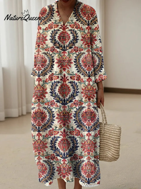Artistic Flowers Print Knitted V-neck Dress