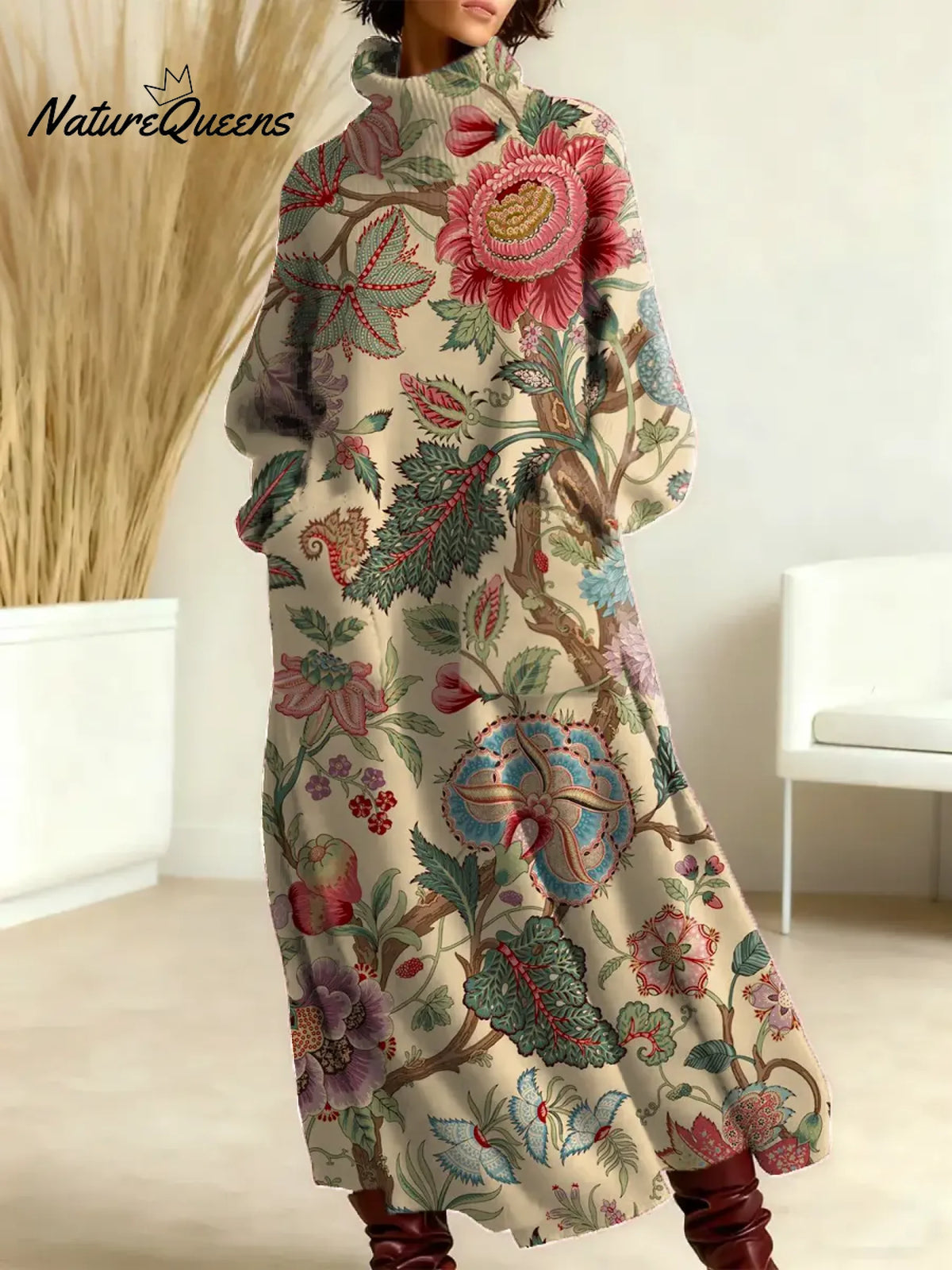 Women's Floral Pattern Art Print Casual Cotton Knitted Dress