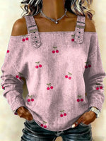 Women‘s Cherry Pattern Art Print Casual Cotton Denim Shirt