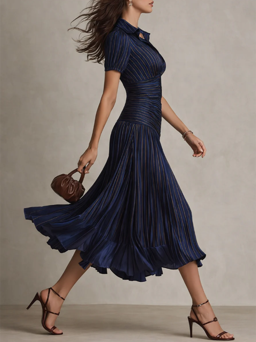 Elegant Draped & Pleated Striped Midi Dress