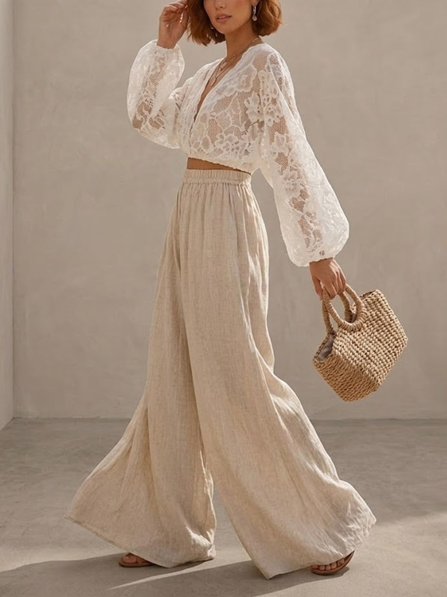 Women's Lace Top With Cotton And Linen Wide-leg Pants Set