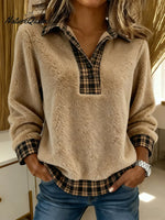 Women's Plaid Color-blocked Cardigan Collar Long-sleeved Casual Loose Sweatshirt