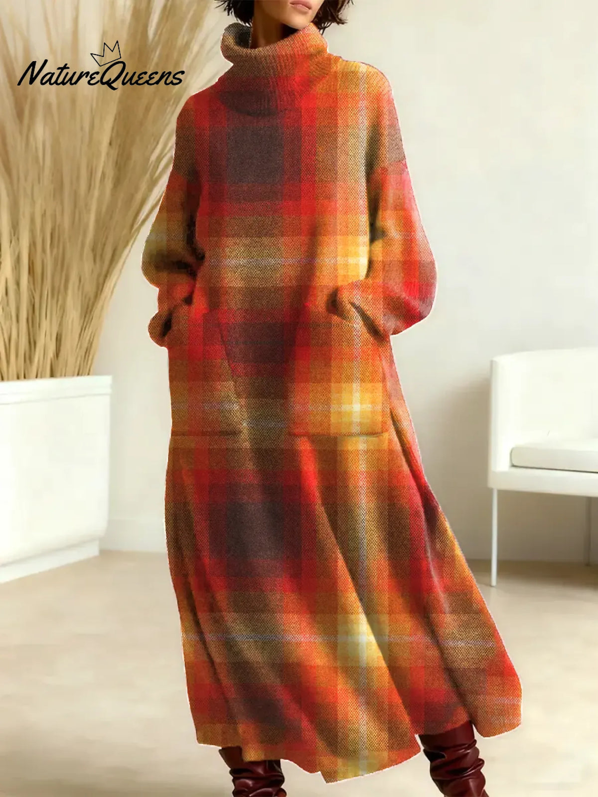 Women's Vintage Plaid Pattern Art Print Casual Cotton Knitted Dress