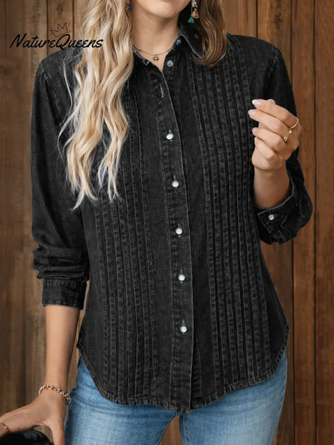 Women's Lapel Long-sleeved Casual Loose Pleated Denim Cardigan