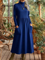 Women's Solid Color High-neck Long-sleeved Casual Loose-fit Velvet Dress