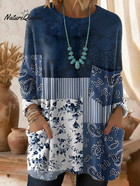 Women's Floral Pattern Art Print Casual Cotton Knitted Sweater