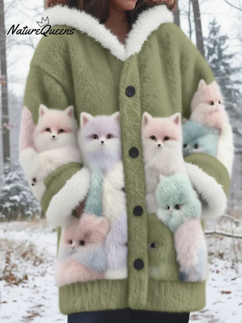 Winter Forest Cute Fox Mink Fleece Button Coat