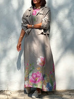 Women's Cotton-linen Set: Solid-color Lapel Long-sleeve Casual Loose Cropped Cardigan & Placement-print Round-neck Sleeveless A-line Dress