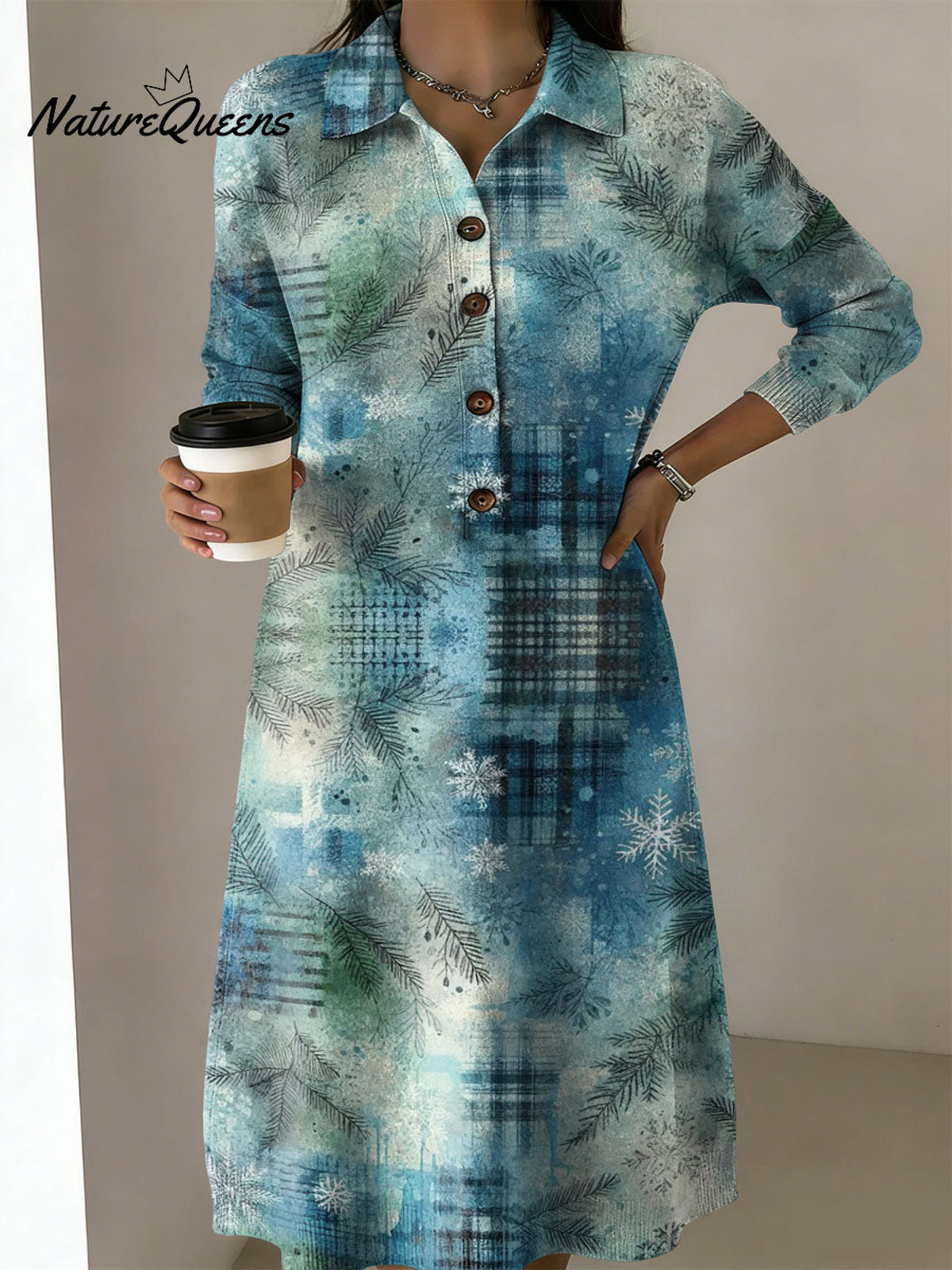 Women's Winter Snowflake And Plaid Decorative Pattern Casual Shirt Collar Long Sleeve Dress