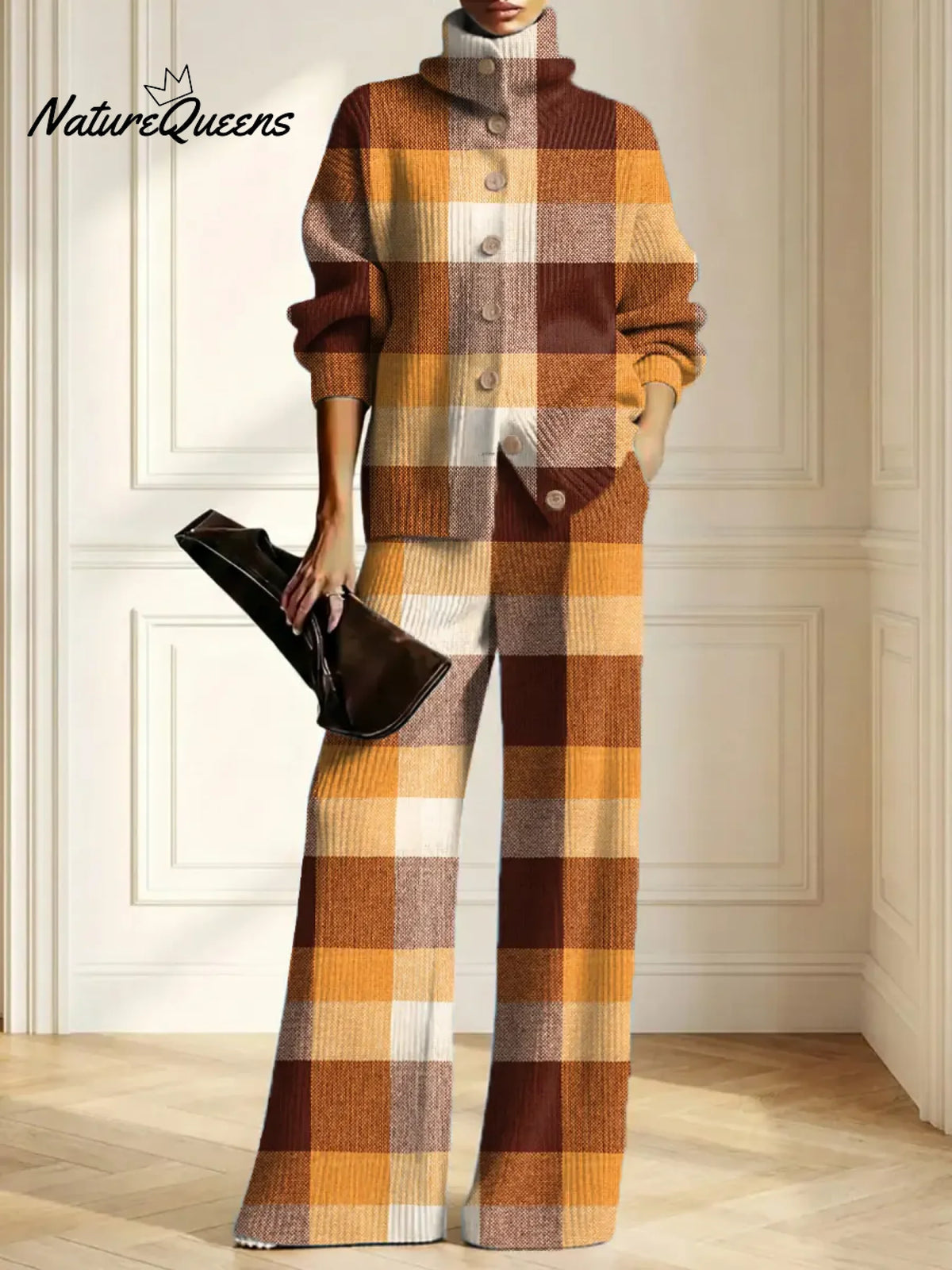 Women's Plaid Pattern Art Print Casual Cotton Knitted Suits