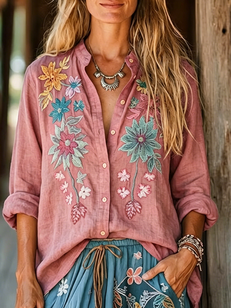 Floral Embroidered Linen-cotton Shirt