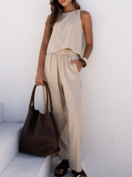 Casual Cozy Back Button Design Linen And Cotton Two-piece Set