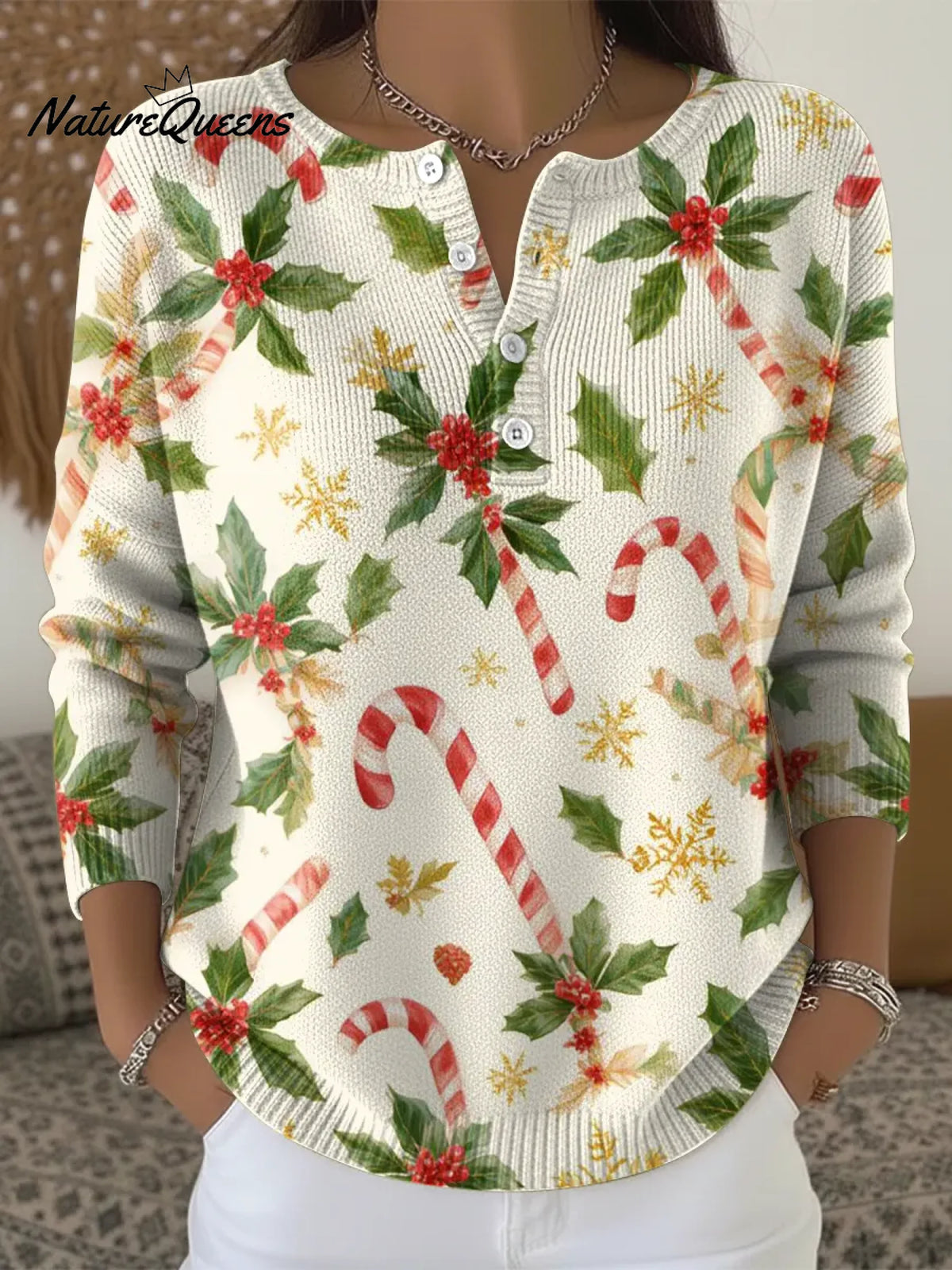 Women's Vintage Candy Cane Christmas Casual Printed Sweater