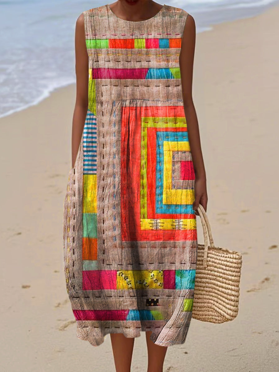 Women's Vintage Geometry Art Print Sleeveless Cotton Pocket Wrap Dress
