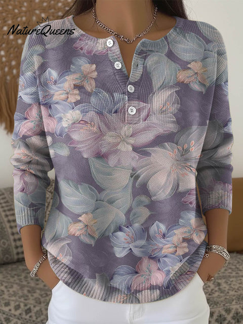 Elegant Purple Floral Decorative Pattern Casual Cardigan Collar Long Sleeve Sweater