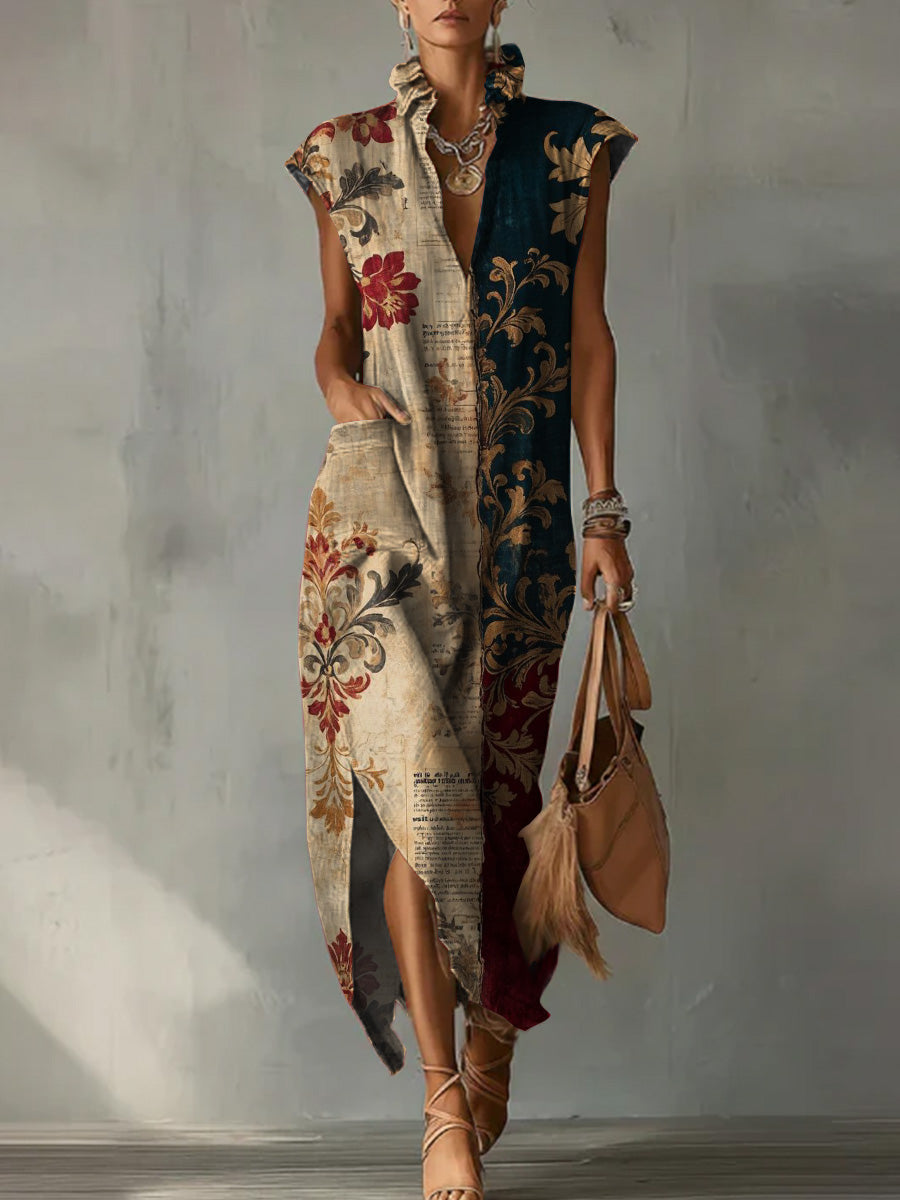 Casual Loose-fit Cotton-linen Dress With Cap Sleeves And Vintage Contrast Floral Print