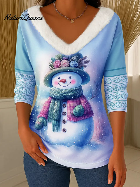 Women's Christmas Print V-Neck Long Sleeve Casual Loose Top