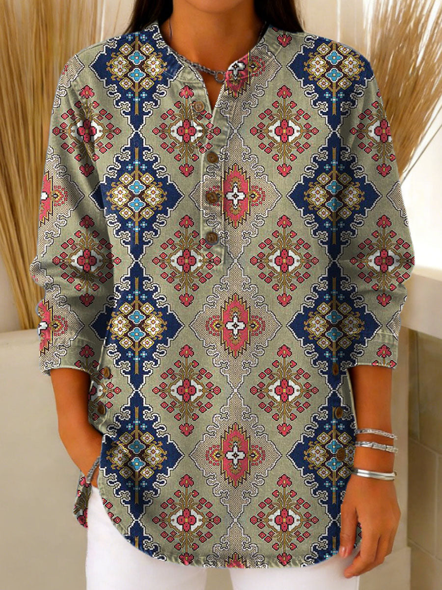 Women's Vintage Symmetrical Geometric Flowers Art Print Casual Cotton Shirt