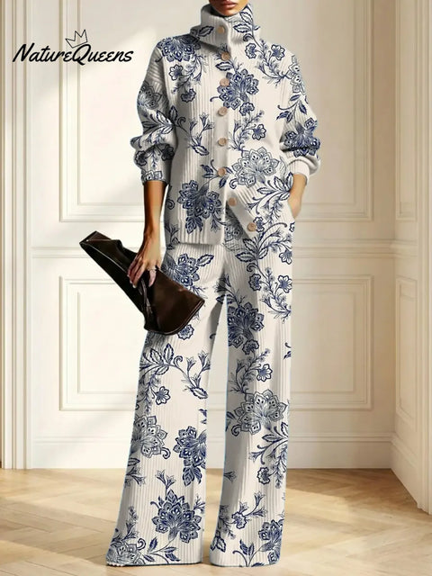 Women's Floral Pattern Art Print Casual Cotton Knitted Suits