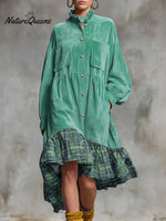 Women's Stand Collar Long Sleeve Plaid Print Casual Loose Corduroy Patchwork Dress