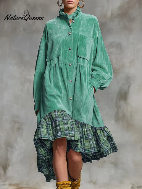 Women's Stand Collar Long Sleeve Plaid Print Casual Loose Corduroy Patchwork Dress