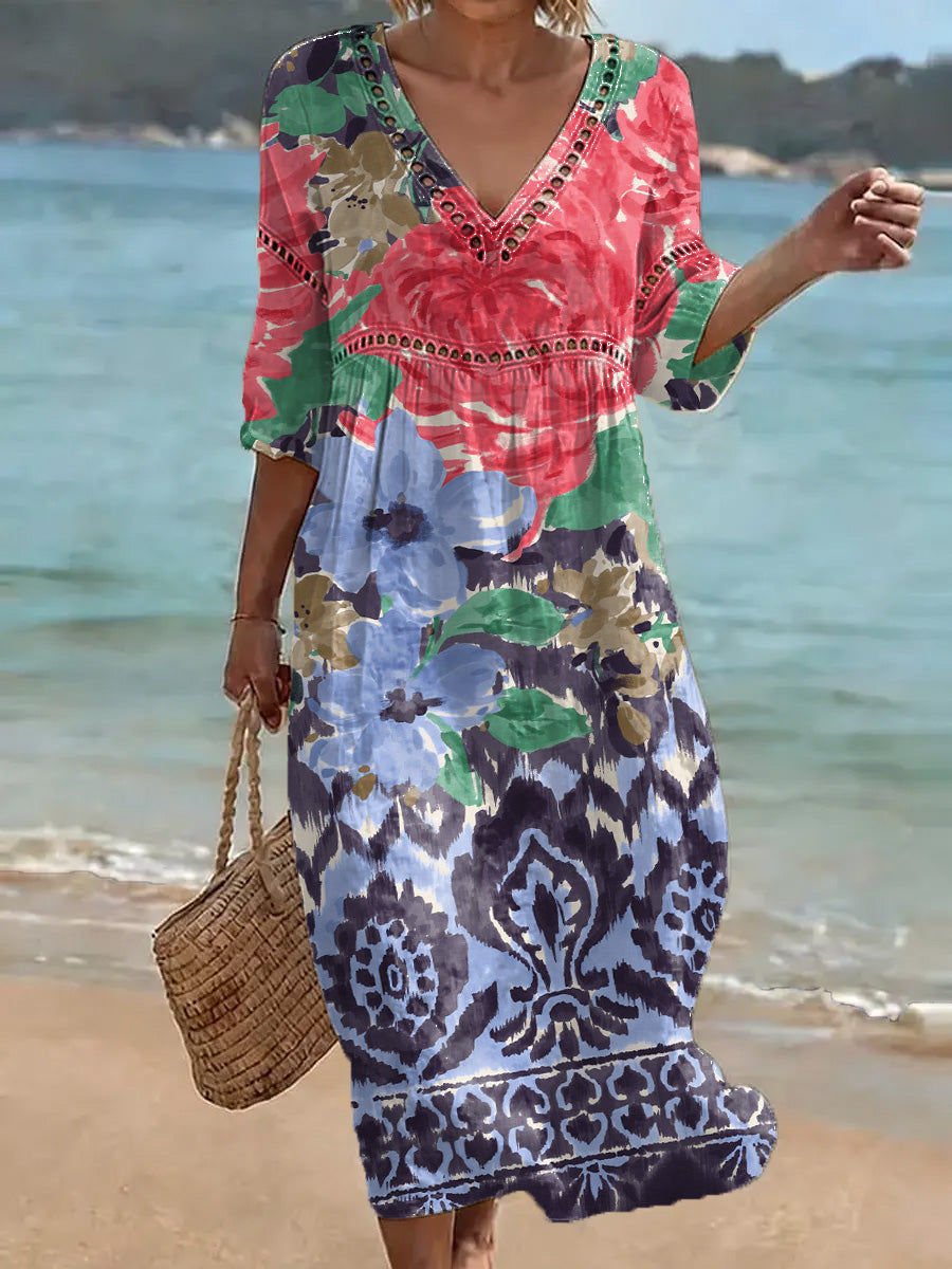 Colorful Floral Print Cutout V-neck Vacation Dress