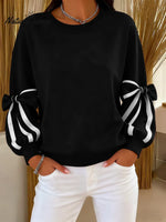Women's Crew Neck Long Sleeve Color Block Bow Casual Loose Sweatshirt