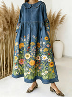 Women's Floral Art Print Peter Pan Collar Long-sleeved Loose Casual Denim Dress