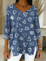 Women's Valentine's Day Heart-shaped Art Print Casual Washed Denim Cotton Top