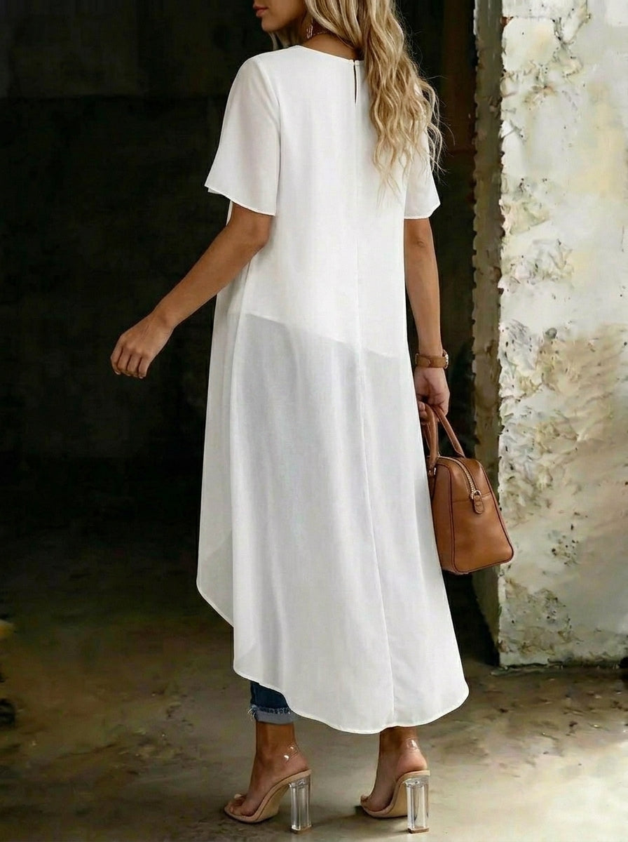 Women's Causal Short Sleeve Round-neck High-low Hem Design Chiffon Top