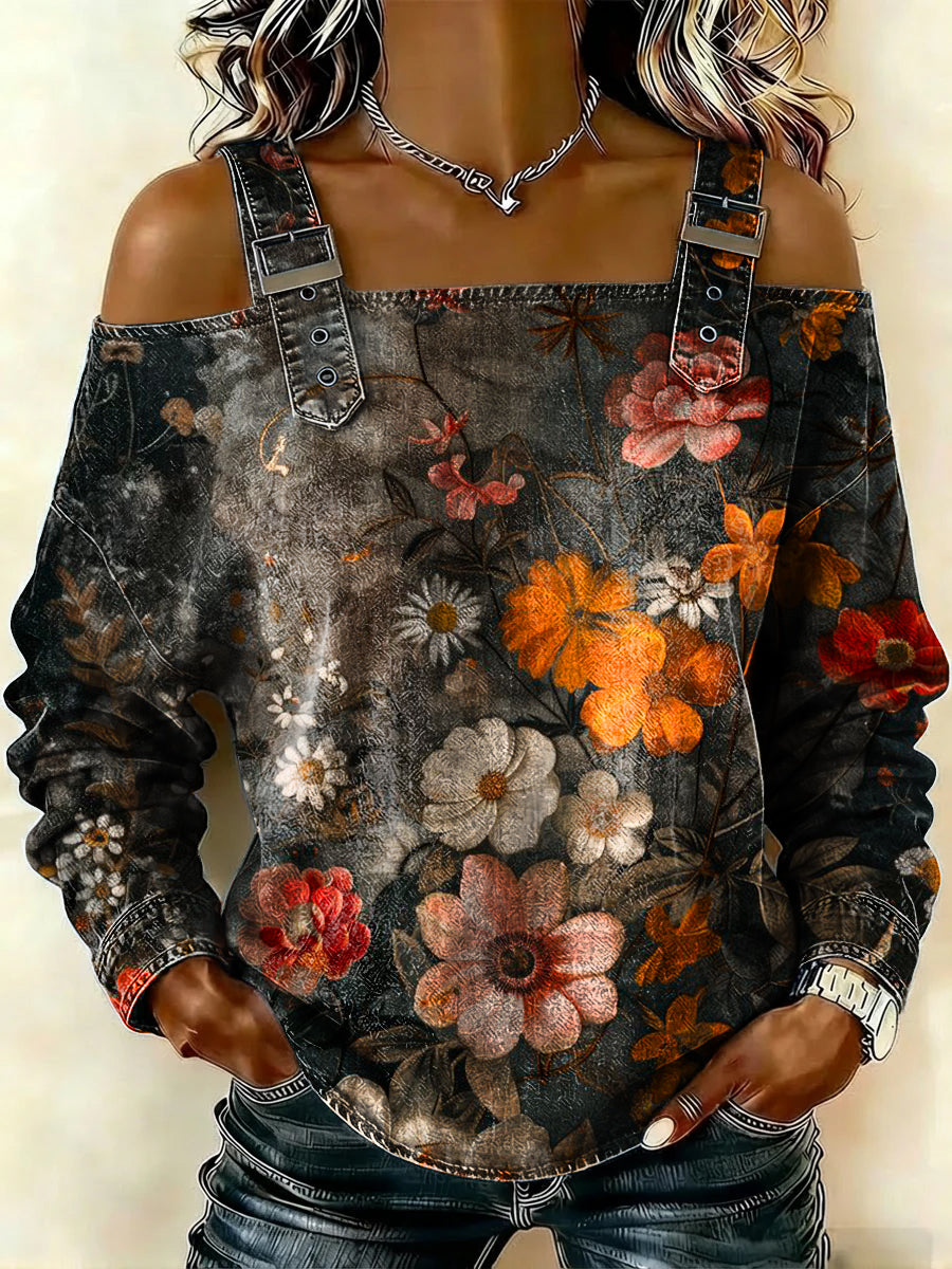 Women‘s Flower Art Print Casual Cotton Denim Shirt