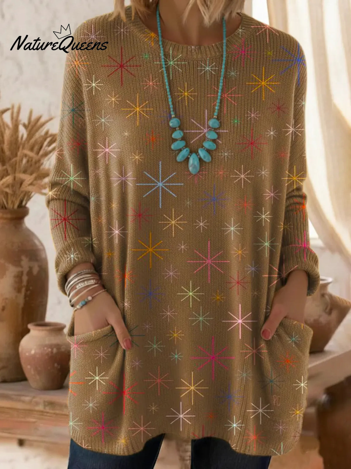 Women's Abstract Pattern Art Print Casual Cotton Knitted Sweater