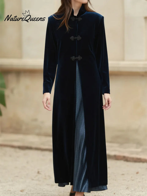 Elegant Stand-collar Velvet Slit Dress And Skirt Two-piece Set