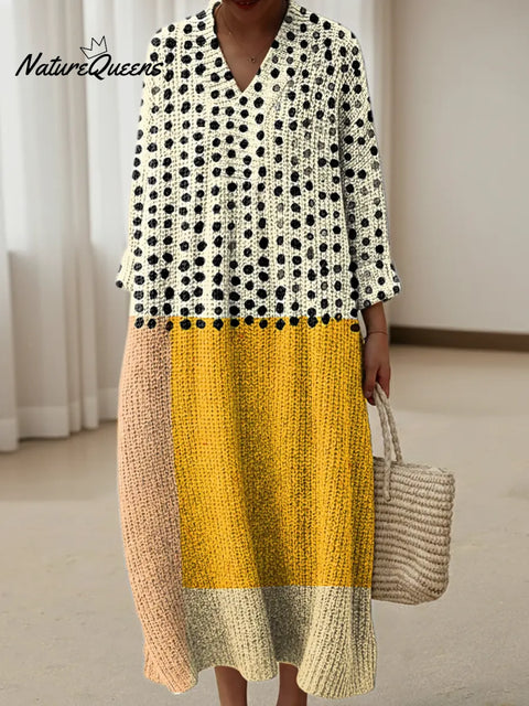 Yellow Geometric Dots Art Print Knitted V-neck Dress
