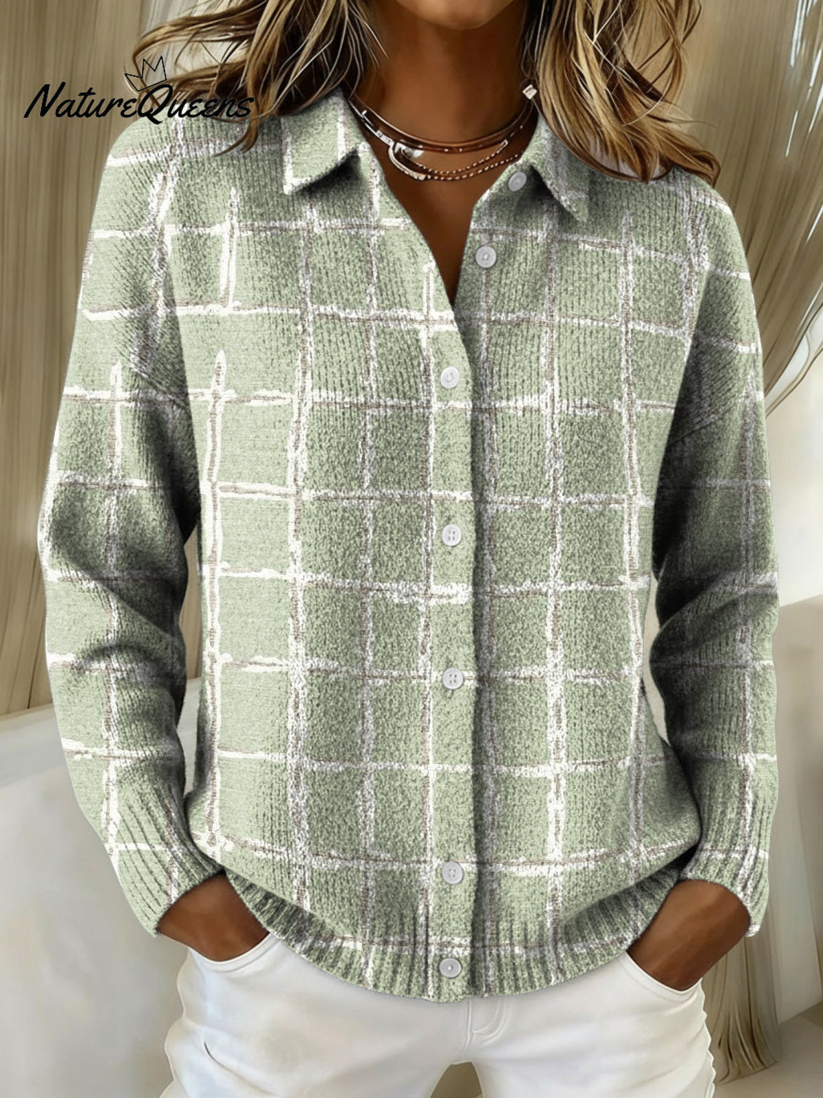 Geometric Grid Decorative Pattern Casual Shirt Collar Long Sleeve Sweater