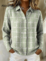 Geometric Grid Decorative Pattern Casual Shirt Collar Long Sleeve Sweater