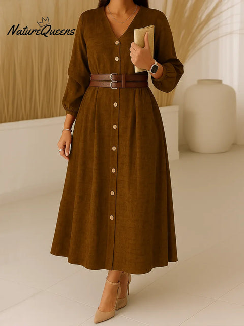 Women's Solid Color V-Neck Long Sleeve Casual Loose A-Line Dress