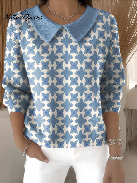 Geometric Floral Decorative Pattern Women's Casual Peter Pan Collar 3/4 Sleeve Sweater