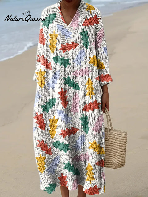 Colorful Tree Art Print Knitted V-neck Dress