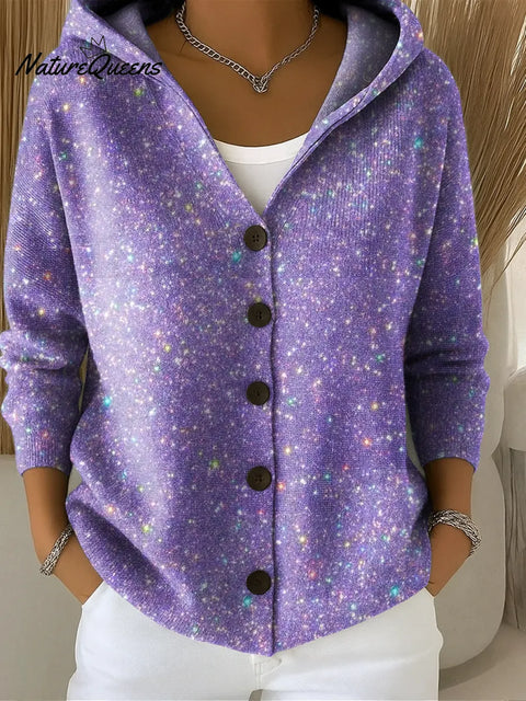 Women's Sparkling Purple Printed Casual Hooded Button Sweater