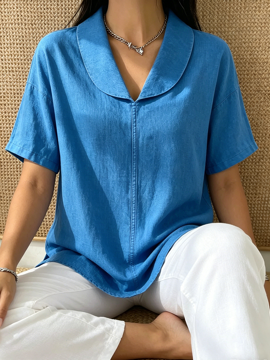 Casual Shawl Collar Cotton-linen Blouse