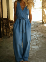 Casual Pleated Loose Denim Overalls Jumpsuit