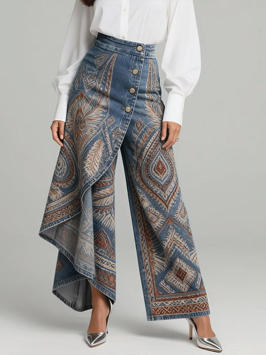 Women's Vintage Pattern Print High-waisted Relaxed Fit Wide-leg Jeans With A Stylish Design.
