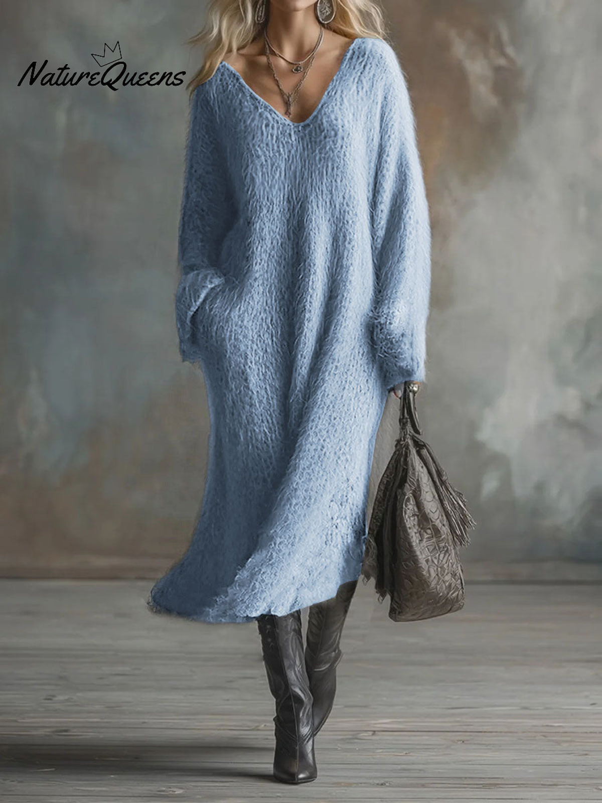 Women's Solid Color V-Neck Casual Loose Knit Dress