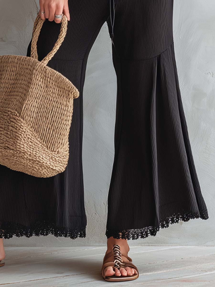 Ribbed Top With Lace Trim + Flared Pants Set