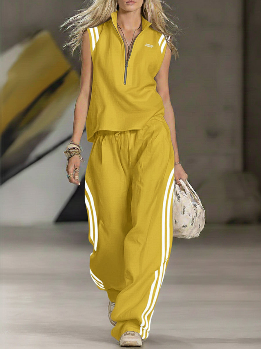 Women's Casual Patchwork Striped Zip-up Top And Pants Two-piece Set